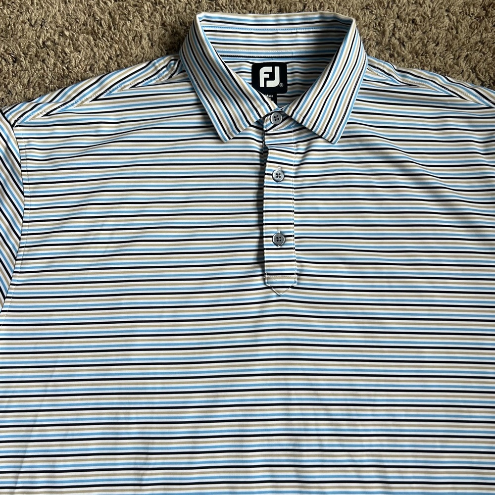 Footjoy Golf Polo Shirt XL Blue Tan Stripes White
